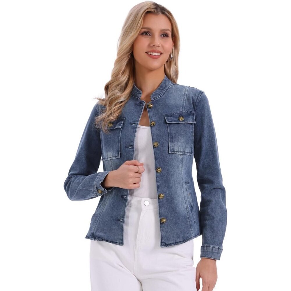 Women's Denim Jacket Classic Stand Collar Long Sleeve Jean Jacket Gray Blue